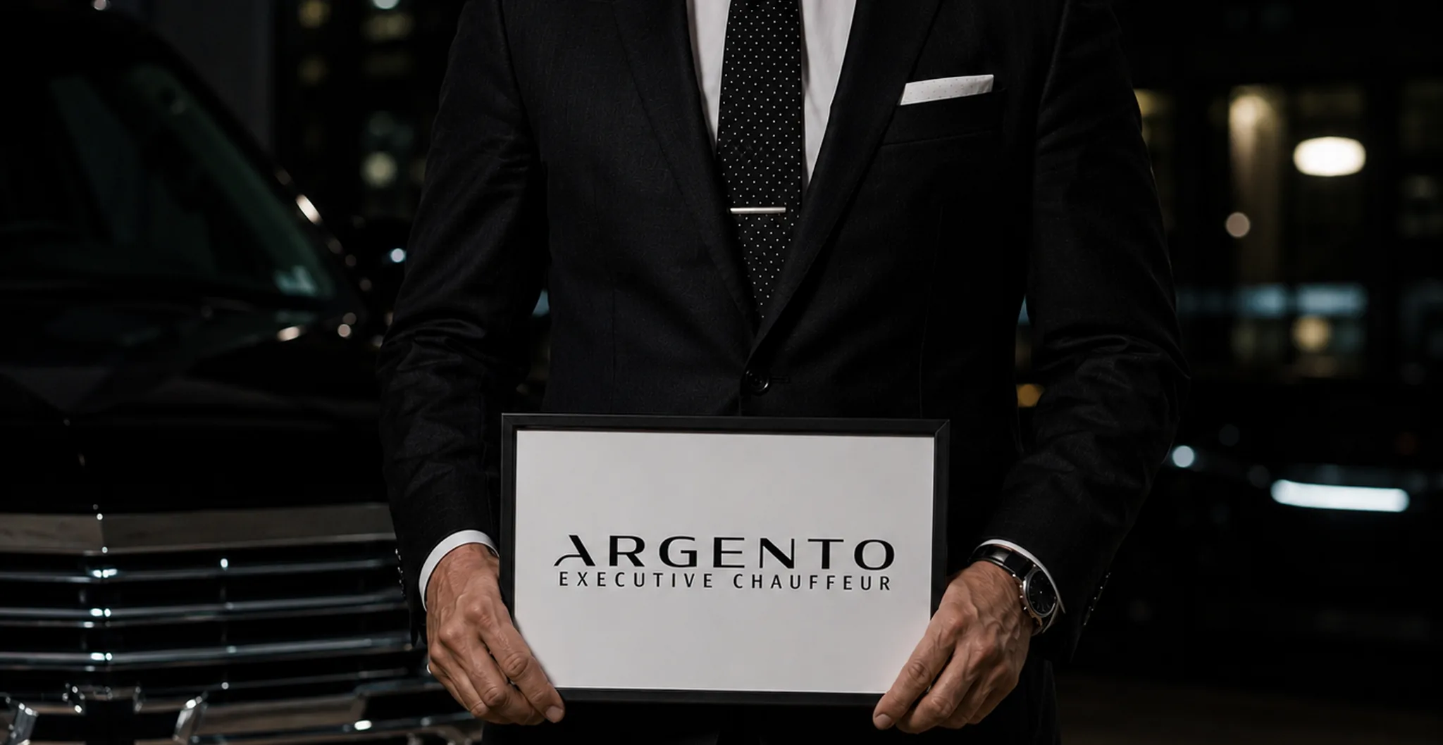 Argento chauffeur holding a personalized Meet & Greet sign beside a black vehicle