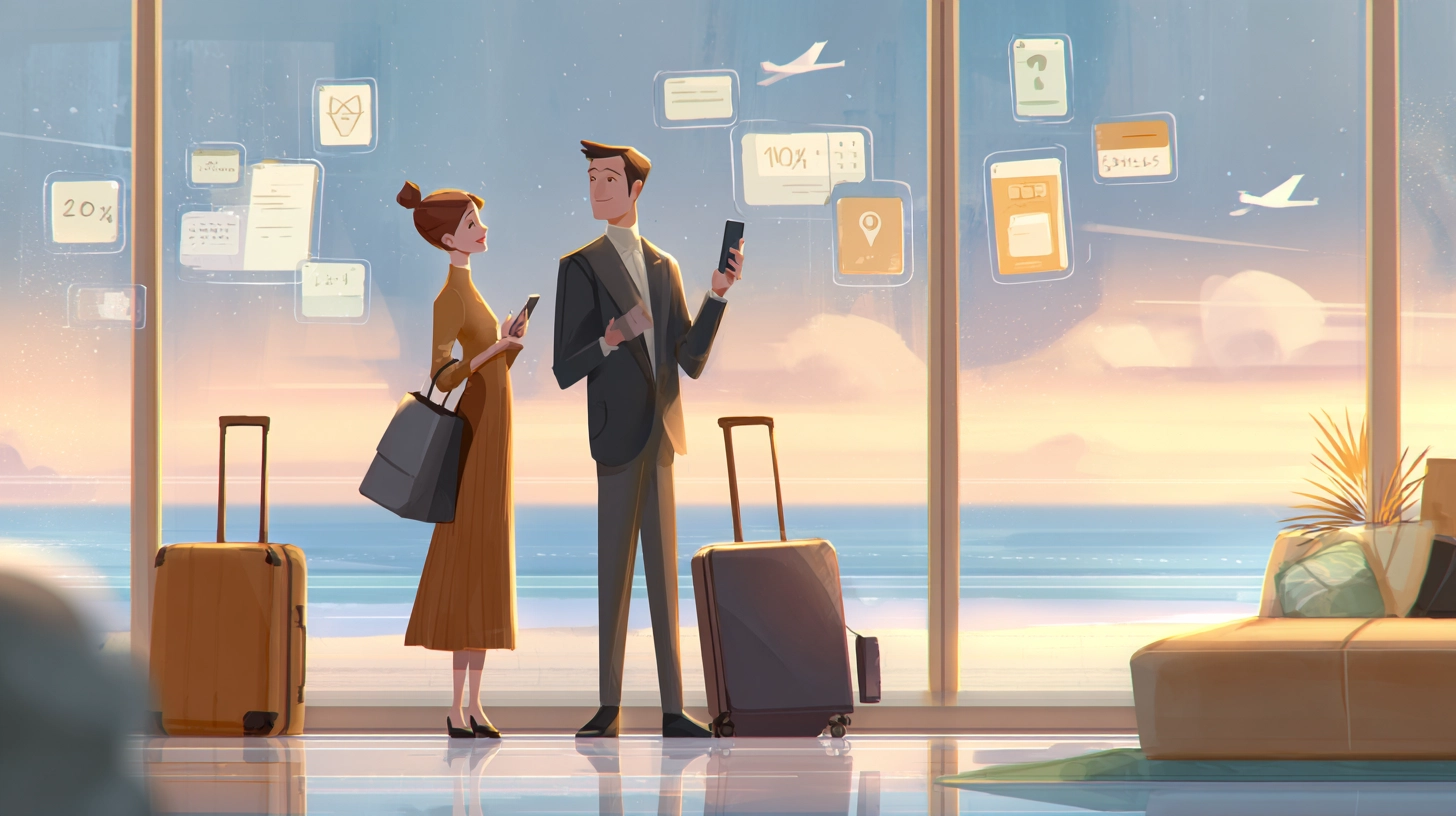Business travelers booking transportation in advance via mobile app at airport